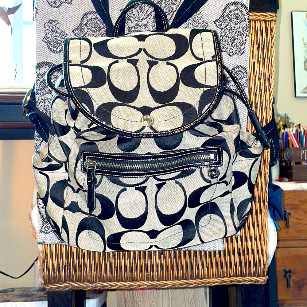 COACH Black and Gray Poppy Metallic Signature Backpack